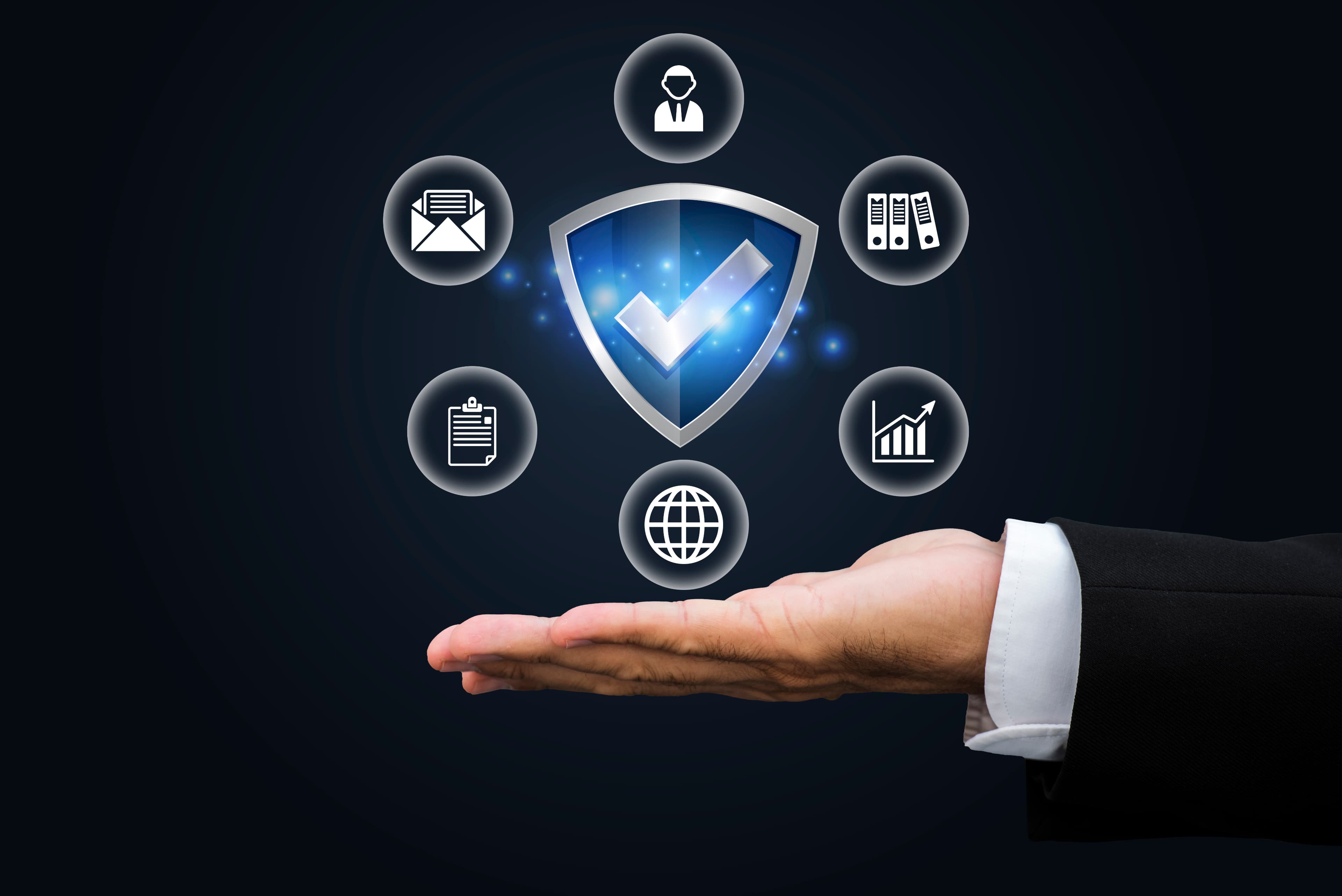 Security and compliance shield with document, personnel, and reporting icons