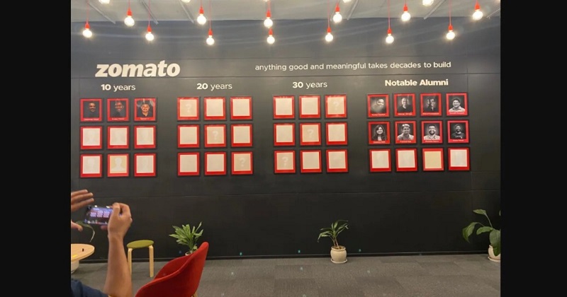 A sample of a wall with photo frames at the Zomato office