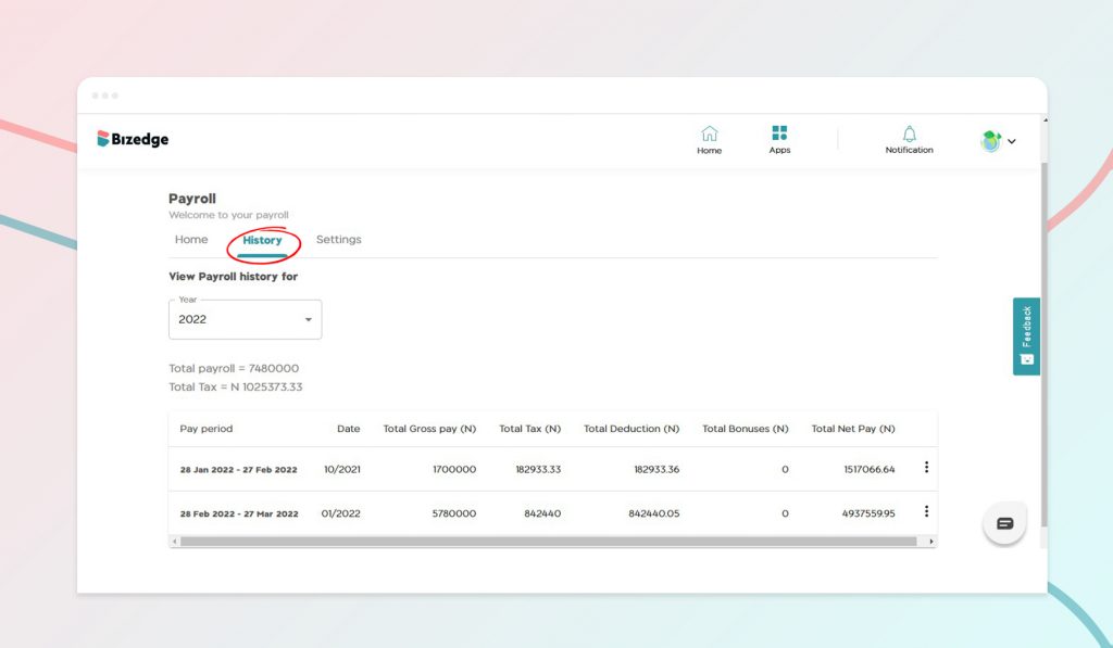 Payroll History in the Payroll app of BizEdge