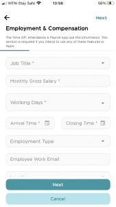 Form to input employment, compensation and other job details of an employee using the BizEdge suite of apps