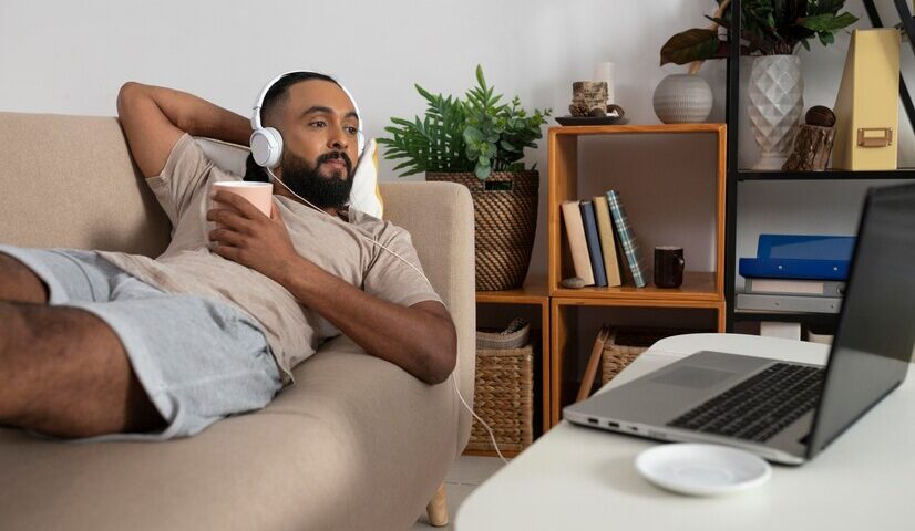 a man spending his time off at home watching a movie and holding a cup of coffee.