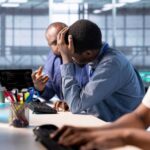 Team members working on a desk with one of them looking worried - Bad Organisational Experience - BizEdge blog